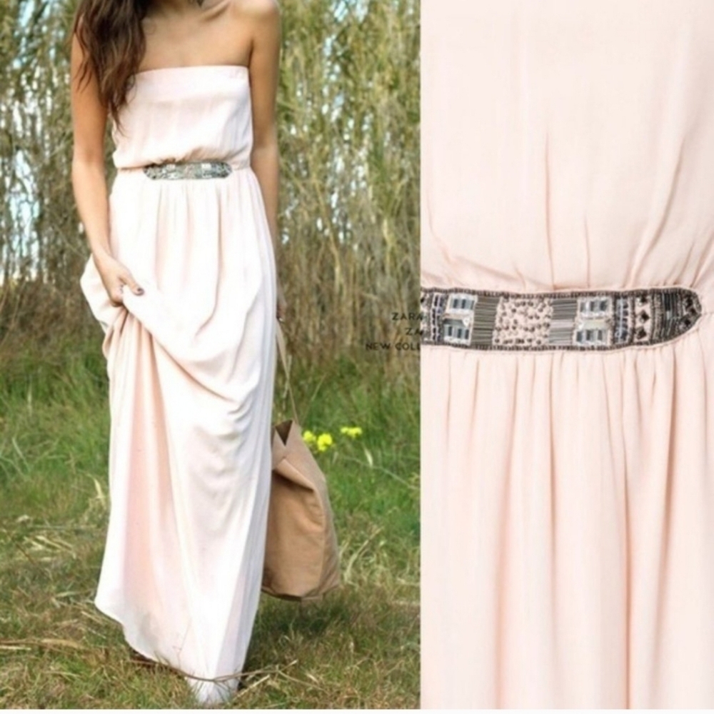 Zara Trafaluc Strapless‎ Pale Pink Embellished Maxi Dress Wedding Guest Small